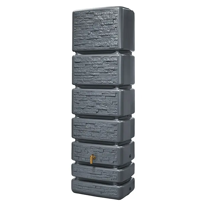 4rain Regenspeicher Slim Stone - 350 l, Graphitgrau, 1 Stk. - Hier sehen wir einen hohen, grauen Regenspeicher mit Wasserhahn und Steinmuster, ideal für die Gartenbewässerung und umweltfreundlich.