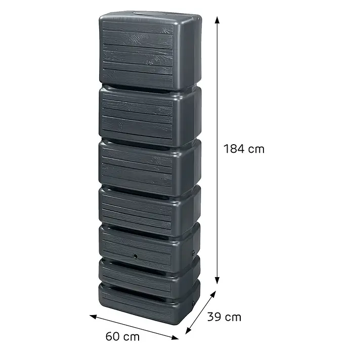 4rain Regenspeicher Slim Wood - 350 l, Graphitgrau, 1 Stk. - Ein grauer Wasserspeicher in Form eines Turms mit Holzstruktur, der 184 cm hoch, 60 cm breit und 39 cm tief ist.
