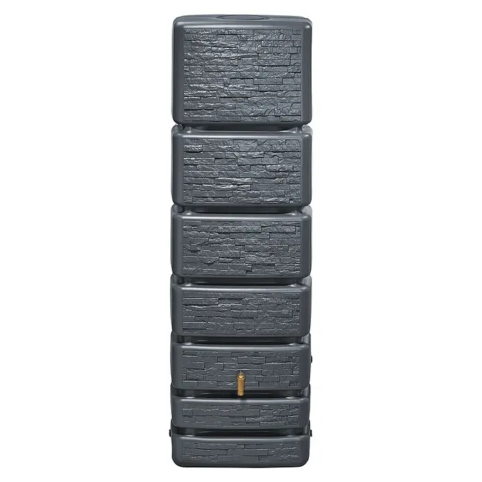 4rain Regenspeicher Slim Stone - 350 l, Graphitgrau, 1 Stk. - Ein grauer Regenspeicher mit Steinmuster und einem goldenen Auslaufhahn. Der schlanke Behälter fügt sich optisch ansprechend in den Garten ein.