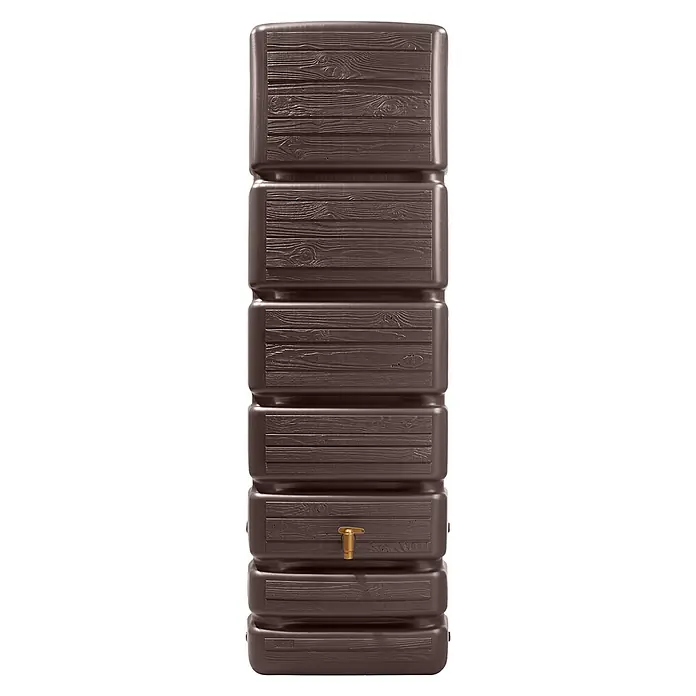 4rain Regenspeicher Slim Wood - 350 l, Dunkelbraun, 1 Stk. - Der schlanke, dunkelbraune Rain Tower mit Holzmuster und Messinghahn speichert Regenwasser stilvoll und effizient.