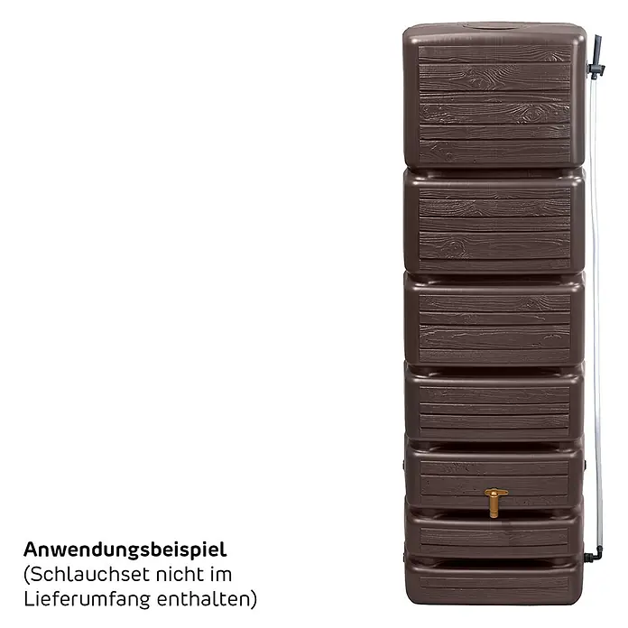 4rain Regenspeicher Slim Wood - 350 l, Dunkelbraun, 1 Stk. - Brauner Regenspeicher mit Holzoptik und Wasserhahn. Anwendungbeispiel, Schlauchset nicht enthalten.
