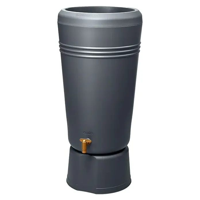 4rain Regenspeicher Azura - 120 l, Graphitgrau - Dunkelgraues Regenwassersammelfass aus Kunststoff mit Messinghahn und passendem Sockel, zu 100% recycelt.