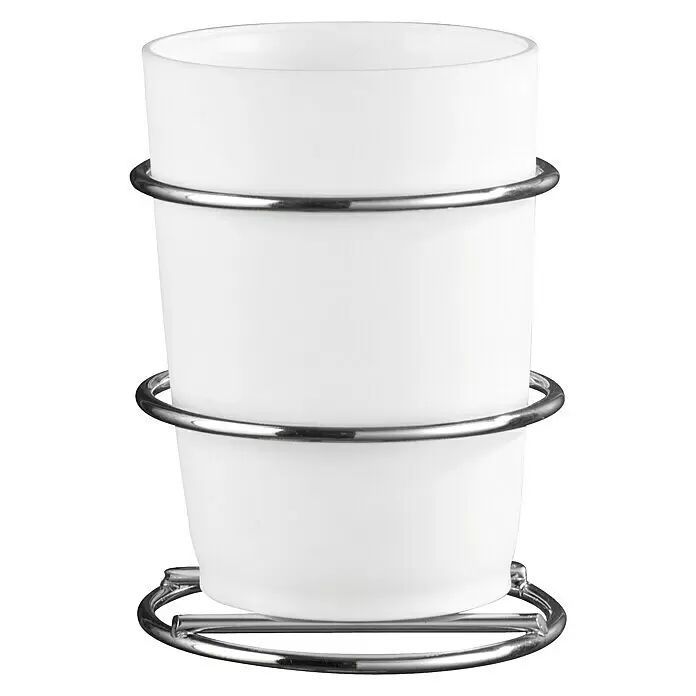 Wenko Milazzo Zahnputzbecher Vacuum-Loc - Glas, Silber - Weißer zylindrischer Becher in einem verchromten Metallhalter.