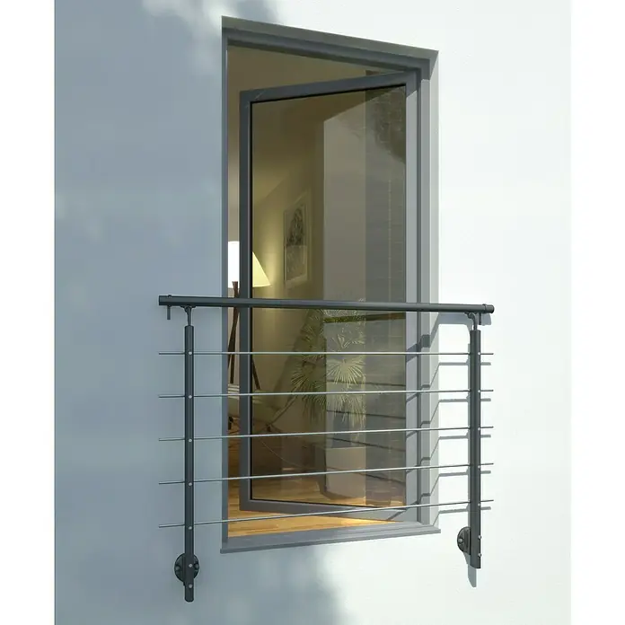 Solid Elements Fijación de pared Fran Sob 412 - Antracita, Barandilla - Imagen de una barandilla de balcón francés de metal con una puerta gris que conduce a un interior que muestra una planta de interior y un cuadro.