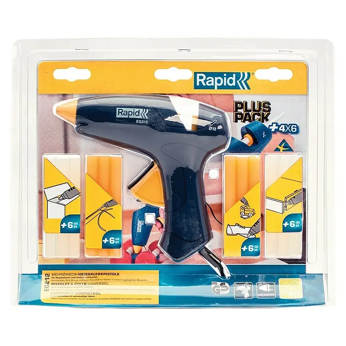 Rapid Set para pistola termoadhesiva EG212 - 200 W, Rango de temperaturas: 170 °C - 190 °C - Pistola de pegamento termofusible multiusos Rapid EG212 en Plus Pack con 4x6 barras de pegamento para reparaciones y manualidades.