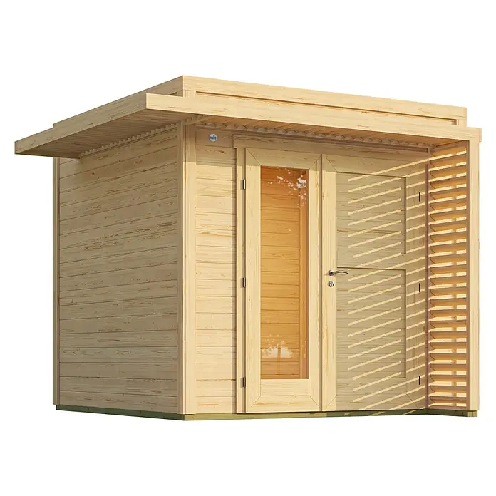 Weka Gartenhaus Pure Garden Amberley - Außenmaß inkl. Dachüberstand (B x T): 289 x 289 cm, Holz, Naturbelassen - Modernes Gartenhaus aus Holz mit Flachdach, Doppeltüren und einem Lamellenpaneel an der Seite.