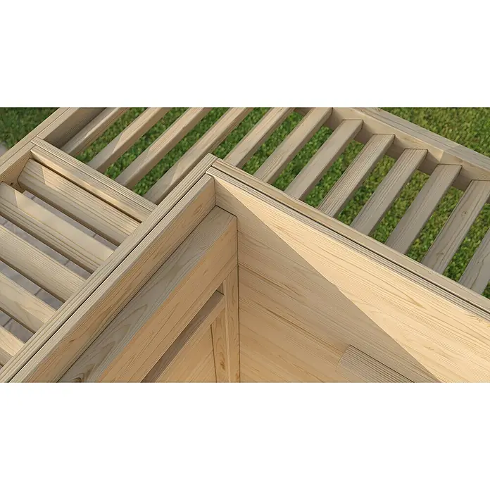 Weka Gartenhaus Pure Garden Amberley - Außenmaß inkl. Dachüberstand (B x T): 289 x 289 cm, Holz, Naturbelassen - Helles Naturholzlattenrost im Detail mit Eckverbindung.