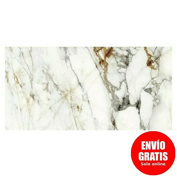 Halcón Pavimento porcelánico Barnaby - 60 x 120 cm, Blanco, Brillante, Rectificado, Espesor: 9 mm - Azulejo de mármol blanco rectangular con vetas naturales marrones y grises.
