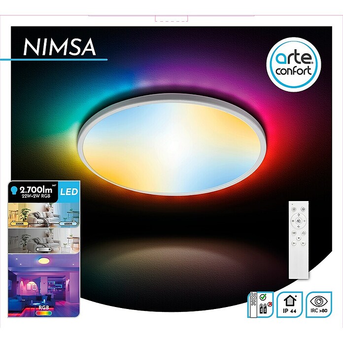 Arte confort Plafón LED redondo Nimsa (24 W, Ø x Al: 42 x 26 cm, Blanco, RGBW) | BAUHAUS