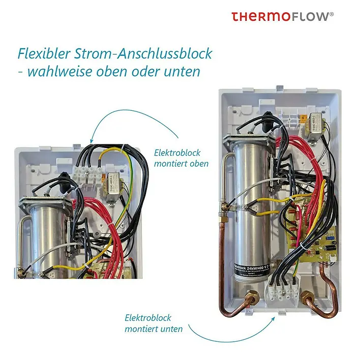 Thermoflow Durchlauferhitzer Hydrex 18 - 18 kW, Hydraulisch, Geschlossen - Das Bild zeigt einen flexiblen Strom-Anschlussblock von THERMOFLOW®, der wahlweise oben oder unten montiert werden kann.