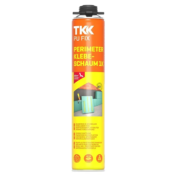 Perimeter-Klebeschaum 1 K - 750 ml - Orange-gelbe TKK PU FIX Perimeter Klebe-Schaum 1K Dose zum Verkleben von Hartschaumplatten für die Perimeterdämmung.