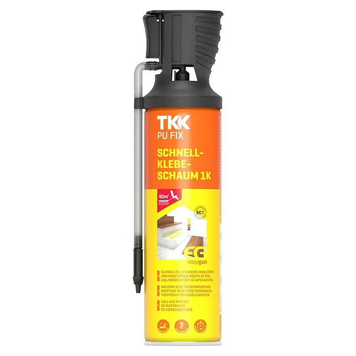 Montageschaum Schnell Klebeschaum 1K - 500 ml - TKK PU FIX Schnell-Klebe-Schaum 1K. Orange-gelbe Sprühdose mit schwarzem Applikator und grauem Schlauch.