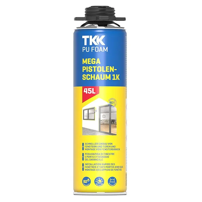 Pistolenschaum Mega 1K - 500 ml - Blaue und gelbe Dose TKK PU Pistolenschaum 1K für Fenster und Türen, mit schwarzem Deckel und "45L" Aufschrift.