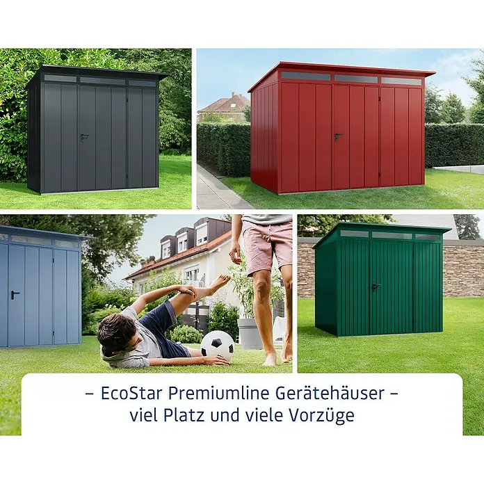 EcoStar Dachrahmen - Passend für: EcoStar Gerätehaus Euroline Trend, Grau - EcoStar Premiumline Gerätehäuser in verschiedenen Farben und Gartenumgebungen, bieten praktischen Stauraum im Freien.
