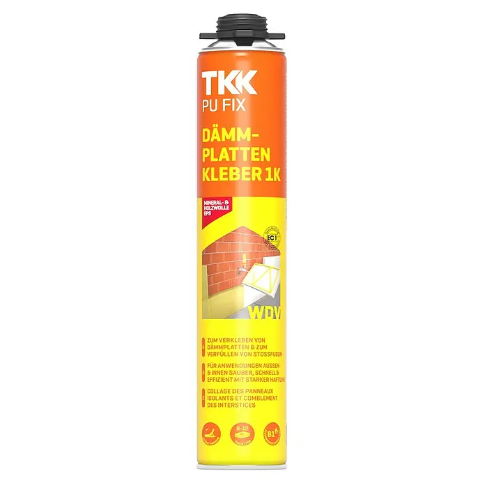 Dämmstoffplattenkleber 1 K - 800 ml - Orange-gelbe Sprühdose TKK PU FIX Dämmplattenkleber 1K für Dämmplatten und Fugen.