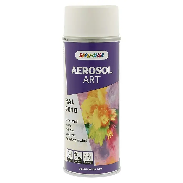 Dupli-Color Aerosol Art Sprühlack RAL 9010 - Reinweiß, Seidenmatt, 400 ml - Dose Dupli-Color Aerosol Art RAL 9010 seidenmatt. Ideal für Kunstprojekte, mit einer Deckfläche von 1,5 m² und staubtrocken in 10 Minuten.