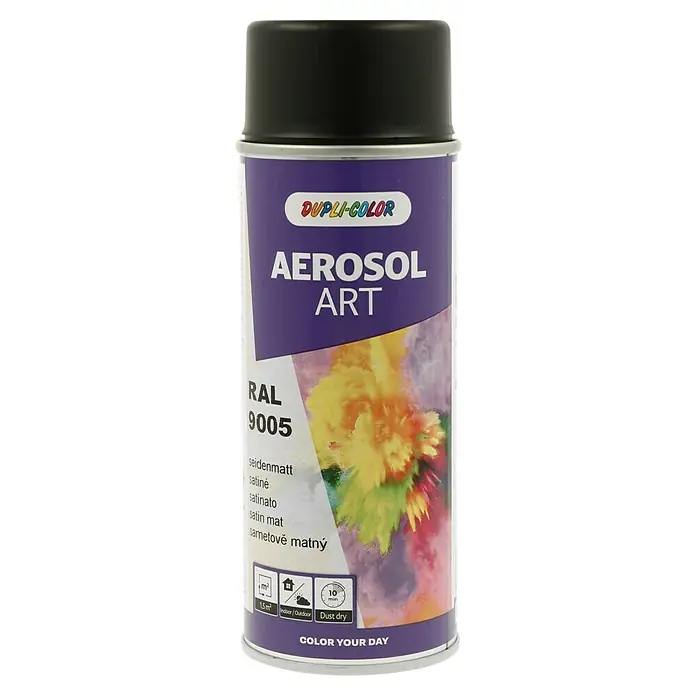Dupli-Color Aerosol Art Sprühlack RAL 9005 - Tiefschwarz, Seidenmatt, 400 ml - Dose Dupli-Color Aerosol Art RAL 9005 seidenmatt, geeignet für Innen- und Außenbereiche, mit einer Staubtrockenzeit von 10 Minuten.