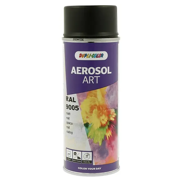 Dupli-Color Aerosol Art Sprühlack RAL 9005 - Tiefschwarz, Matt, 400 ml - Dose Dupli-Color Aerosol Art Sprühfarbe RAL 9005 matt, ideal für Kunstprojekte und Heimwerker, deckt 1,5 m², staubtrocken in 10 Minuten.