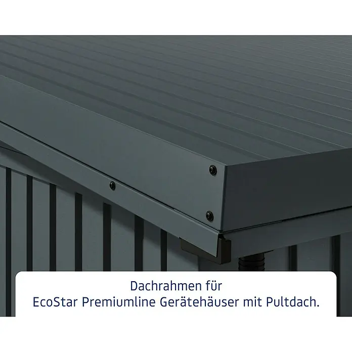 EcoStar Dachrahmen - Passend für: EcoStar Gerätehaus Euroline Trend, Anthrazit - Dunkelgrauer Metall-Dachrahmen für EcoStar Premiumline Gerätehäuser mit Pultdach. Zeigt geriffelte Dachpaneele und sichtbare Befestigungen.