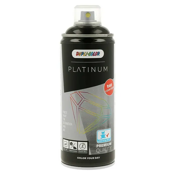 Dupli-Color Platinum Sprühlack RAL 9005 - Tiefschwarz, Glänzend, 400 ml - Ein Sprühdose Dupli-Color Platinum, ideal zum Dekorieren und für Kunstprojekte, mit schneller Staubtrocknung und hoher Deckkraft.