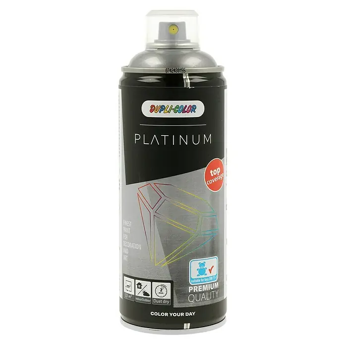 Dupli-Color Platinum Sprühlack RAL 9007 - Aluminiumgrau, Seidenmatt, 400 ml - Abbildung einer Dupli-Color Platinum Sprühfarbe. Geeignet für Dekorationen und Kunst, bietet Top-Deckkraft und Premium-Qualität.
