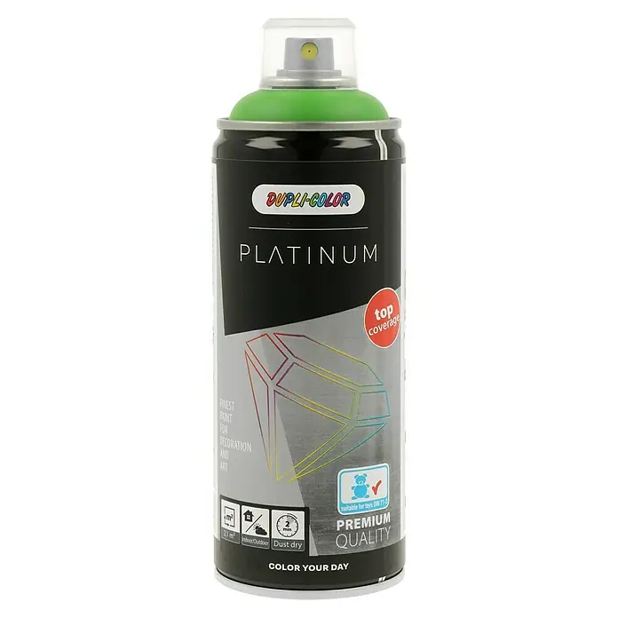 Dupli-Color Platinum Sprühlack - Gelbgrün, Seidenmatt, 400 ml - Sprühdose Dupli-Color Platinum. Das Farbspray bietet höchste Deckkraft und eignet sich für Dekorationen und Kunst im Innen- und Außenbereich.