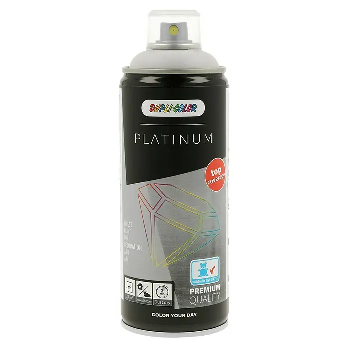 Dupli-Color Platinum Sprühlack - Lichtgrau, Seidenmatt, 400 ml - Abbildung einer Sprühdose Dupli-Color Platinum mit der Aufschrift "Color Your Day" und dem Hinweis "Top Coverage".