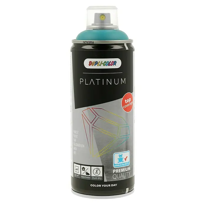 Dupli-Color Platinum Sprühlack - Petrol, Seidenmatt, 400 ml - Eine Dose Dupli-Color Platinum Sprühfarbe mit türkisfarbenem Deckel, ideal für Dekoration und Kunst, bietet eine hochwertige Deckkraft und schnelle Trocknung.