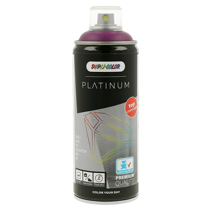 Dupli-Color Platinum Sprühlack - Schwarzbeere, Seidenmatt, 400 ml - Nahaufnahme einer Dose Dupli-Color Platinum Sprühfarbe, ideal für Deko- und Kunstprojekte, mit Top-Deckkraft und schneller Trocknungszeit.