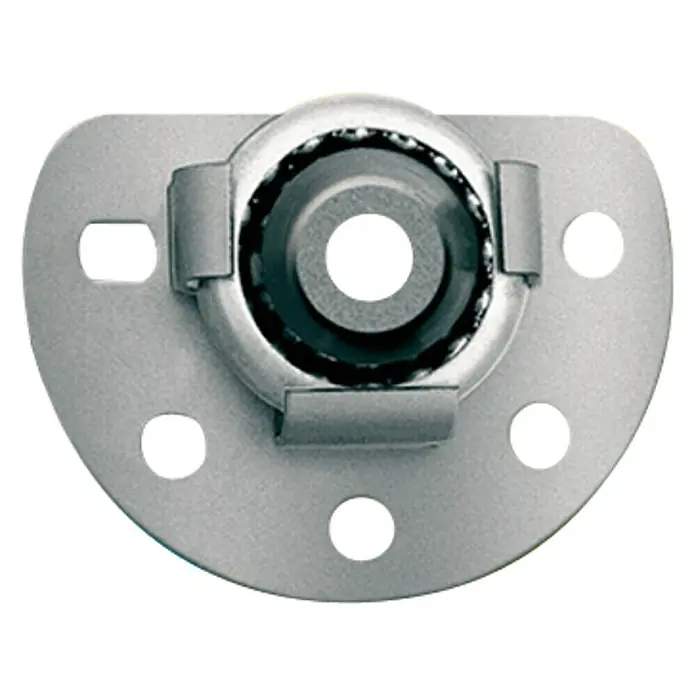 Schellenberg Soporte para persianas Mini - Diámetro eje octogonal: 40 mm, Anchura de la correa: 14 mm - La imagen muestra un bloque de cojinete de bolas metálico con una placa de montaje semicircular y múltiples orificios de fijación.