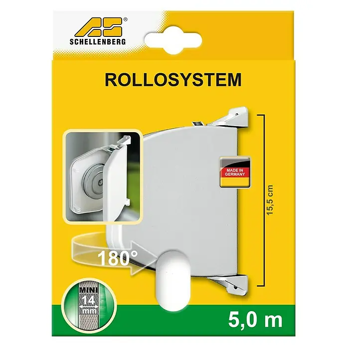Schellenberg Recogedor de cinta de persiana 50157 - Anchura de la correa: 14 mm, Giratorio 180°, Marrón - Paquete de un sistema de persiana enrollable Schellenberg con información de tamaño y la nota "Made in Germany".