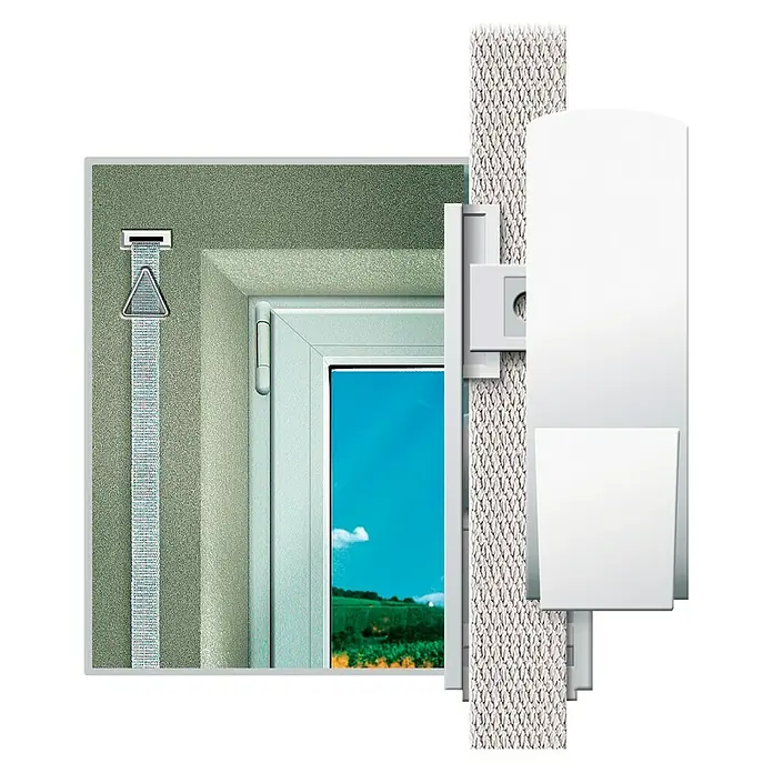 Schellenberg Duo Plus Guía para correa de persiana - L x An x Al: 8,5 x 2,5 x 3 cm, Apto para: Mini sistemas de persianas enrollables, Blanco - La imagen muestra una ventana con una persiana y un accesorio de pared blanco, usado para controlar la persiana.