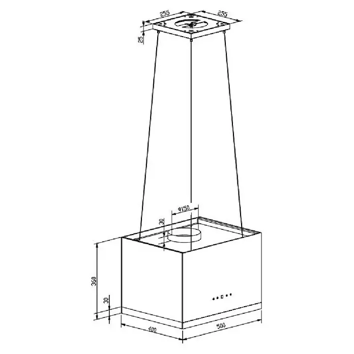 Respekta Inselhaube Centa - Breite: 50 cm, Max. Gebläseleistung Abluftbetrieb: 531,8 m³/h, Schwarz - Technische Zeichnung einer rechteckigen Inselhaube, mit Maßen und Bedienelementen, zur Deckenmontage.