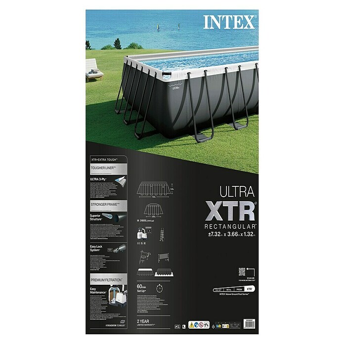Intex Frame-Pool Ultra Quadra XTR (L x B x H: 732 x 366 x 132 cm, Dunkelgrau, 31 800 l, Krystal Clear Sandfilteranlage & Salzwassersystem QX2100) | BAUHAUS