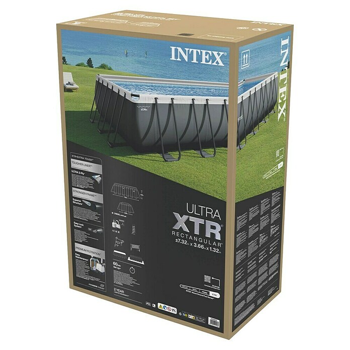 Intex Frame-Pool Ultra Quadra XTR (L x B x H: 732 x 366 x 132 cm, Dunkelgrau, 31 800 l, Krystal Clear Sandfilteranlage & Salzwassersystem QX2100) | BAUHAUS