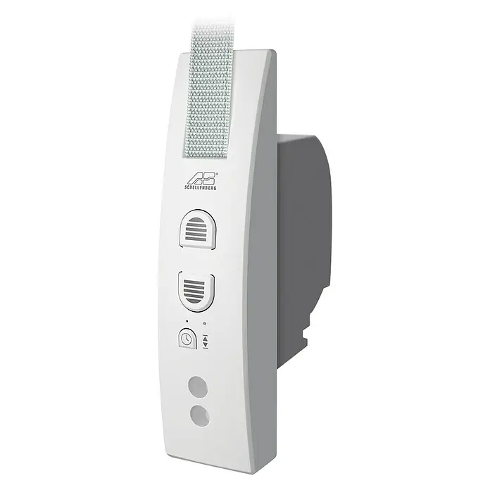 Schellenberg Rollodrive Recogedor de cinta de persiana 45 - L x An x Al: 22 x 16 x 5,5 cm, Apto para: Maxi sistemas de persianas enrollables - Primer plano de un temporizador Schellenberg, un dispositivo para controlar persianas enrollables, con varios botones y pantalla.