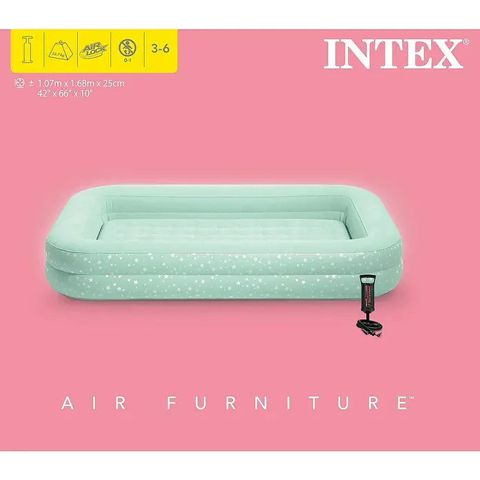 Intex Luftbett Reisebett für Kinder - L x B x H: 168 x 107 x 25 cm, Hellblau, Sicherheitsventil - Abbildung eines mintgrünen Intex-Luftmöbelstücks, perfekt für Kinder von 3-6 Jahren und Babys von 0-1 Jahren, mit Pumpe für schnelles Aufpumpen.