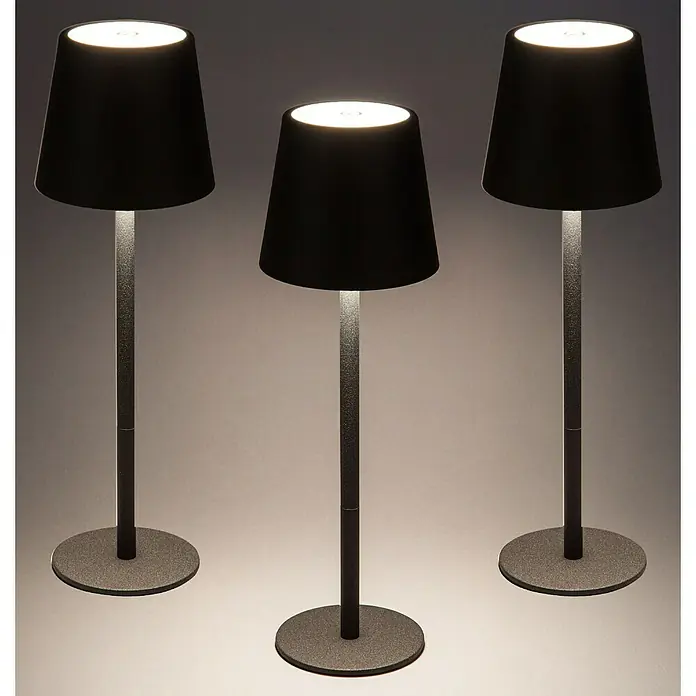 Starlux Paola Akku-Tischleuchte - 3 Stk., 1,6 W, L x B x H: 8,6 x 8,6 x 27 cm, Warmweiß, Schwarz - Drei moderne Tischleuchten mit schwarzem Schirm und sanftem Licht, ideal für Ambientebeleuchtung und stilvolle Akzente in jedem Raum.