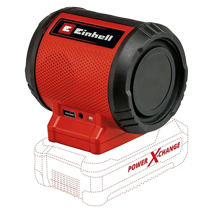 Einhell Power X-Change 18V Bluetooth-Lautsprecher TC-SR 18 Li BT Solo - 18 V, Ohne Akku, L x B x H: 10,9 x 9 x 10 cm - Ein roter und schwarzer Akku-betriebener Lautsprecher der Marke Einhell mit einem USB-Anschluss und einem Kopfhöreranschluss.