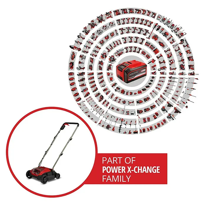 Einhell Power X-Change 18V Akku-Vertikutierer-Lüfter GC-SC 18/28 DS LI - Anzahl Akkus: Ohne Akku, 18 V, Arbeitsbreite: 28 mm - Rot-schwarzer Vertikutierer mit langem Griff und Rädern, Teil einer Werkzeugfamilie.