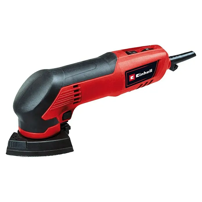 Einhell Expert Elektro-Deltaschleifer TC-DS 20 E - 200 W, 12.000 U/min - 22.000 U/min, Länge Schleifplatte: 90 mm - Hier ist ein roter Einhell Exzenterschleifer. Dieses Gerät dient zum Schleifen und Polieren von Oberflächen, um diese zu glätten oder zu bearbeiten.