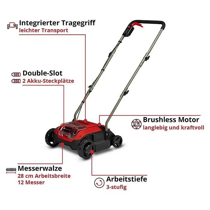 Einhell Power X-Change 18V Akku-Vertikutierer-Lüfter GC-SC 18/28 DS LI - Anzahl Akkus: Ohne Akku, 18 V, Arbeitsbreite: 28 mm - Roter und schwarzer Akku-Rasenlüfter/-Vertikutierer mit langem Griff.