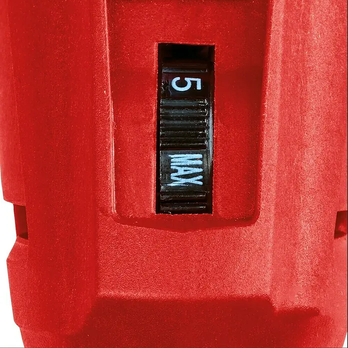 Einhell Expert Elektro-Deltaschleifer TC-DS 20 E - 200 W, 12.000 U/min - 22.000 U/min, Länge Schleifplatte: 90 mm - Nahaufnahme eines roten Elektrowerkzeugs mit einem schwarzen Geschwindigkeitsregler, der auf "MAX" eingestellt ist.