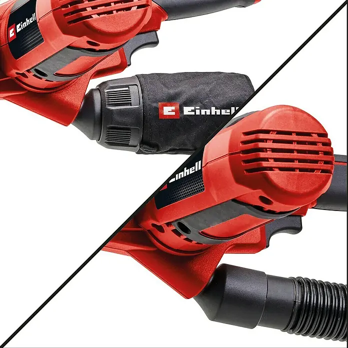 Einhell Expert Elektro-Bandschleifmaschine TC-BF 500 E - 500 W - Darstellung eines Einhell Exzenterschleifers mit Staubfangsack und Staubsaugeranschluss in Rot und Schwarz.