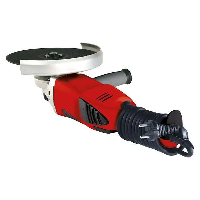 Einhell Expert Elektro-Winkelschleifer TE-AG 230/2000 - 2.000 W, 230 mm, Leerlaufdrehzahl: 6.500 U/min - Nahaufnahme eines roten Winkelschleifers mit schwarzer Schleifscheibe, der zum Schleifen oder Schneiden verschiedener Materialien verwendet wird.