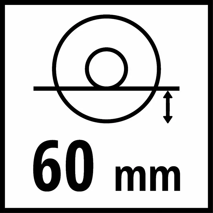 Einhell Expert Elektro-Winkelschleifer TE-AG 230/2000 - 2.000 W, 230 mm, Leerlaufdrehzahl: 6.500 U/min - Symbol mit einem Kreis, einem inneren Kreis, einer horizontalen Linie und einem Pfeil nach unten, der auf 60 mm hinweist.