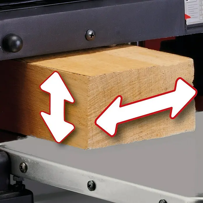 Einhell Expert Hobelmaschine TE-SP 330 - 1.800 W, Hobelbreite: 330 mm - Hellbrauner Holzblock in einer Maschine, Pfeile zeigen horizontale und vertikale Verstellung/Zufuhr.