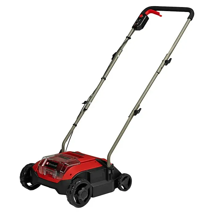 Einhell Power X-Change 18V Akku-Vertikutierer-Lüfter GC-SC 18/28 DS LI - Anzahl Akkus: Ohne Akku, 18 V, Arbeitsbreite: 28 mm - Rot-schwarzer Akku-Vertikutierer mit Rädern und ergonomischem Griff.