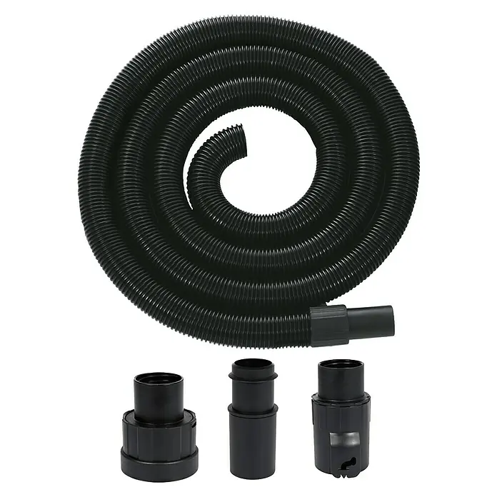 Einhell Saugschlauch - Länge: 3 m, Durchmesser: 36 mm - Schwarzer geriffelter Staubsaugerschlauch aufgerollt mit drei schwarzen Plastik-Adapterstücken.