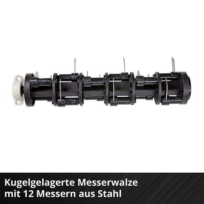 Einhell Power X-Change 18V Akku-Vertikutierer-Lüfter GC-SC 18/28 DS LI - Anzahl Akkus: Ohne Akku, 18 V, Arbeitsbreite: 28 mm - Kugelgelagerte Messerwalze aus schwarzem Kunststoff mit 12 Stahlmessern und weißem Lager.